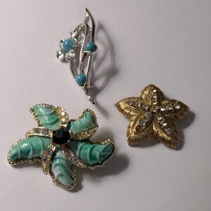 Vintage Lot of Brooches JJ Gold Tone Star *Sarah Cov Blue Faux Turquoise Rhodium
